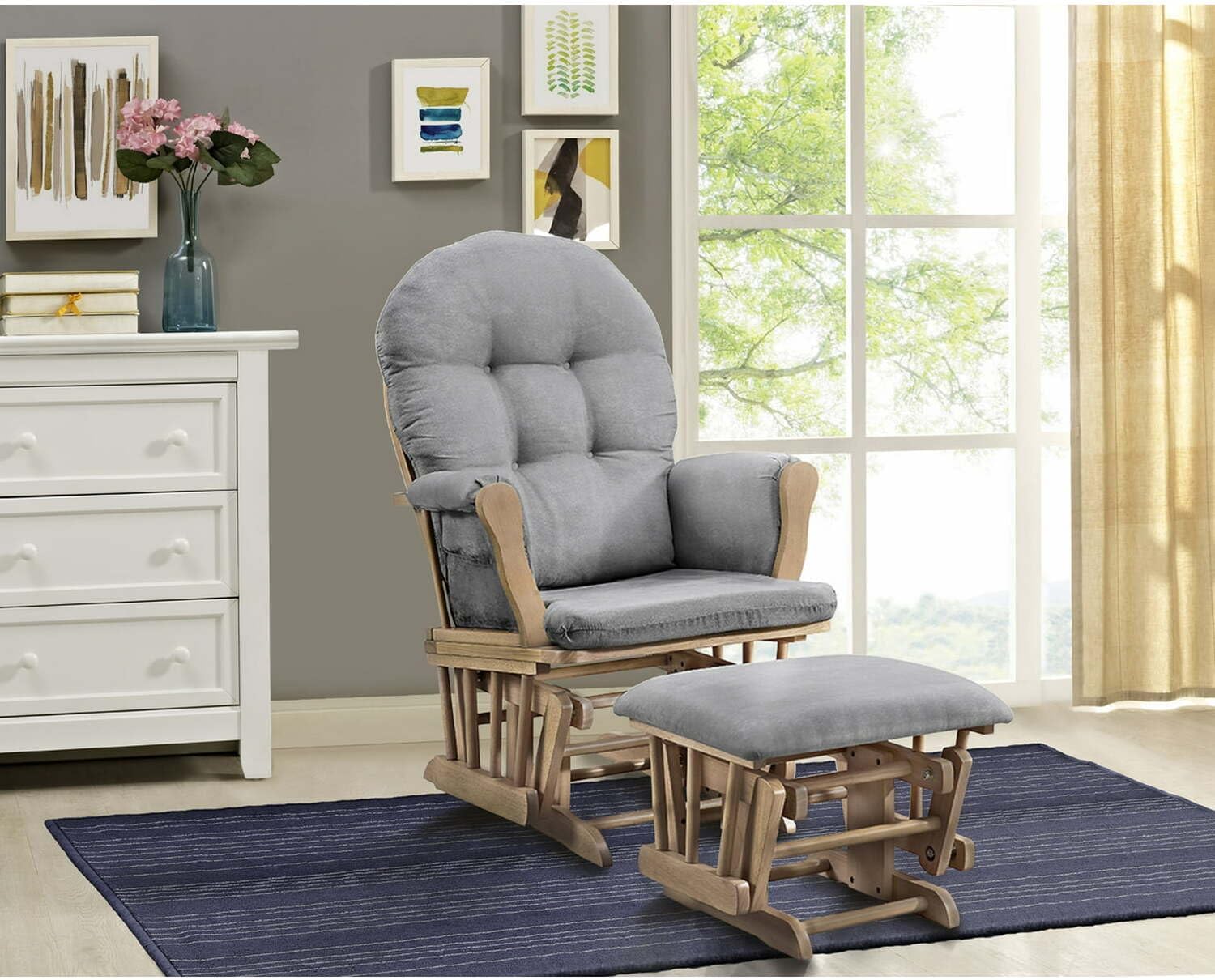 HomeStock Glider and Ottoman Set - Padded Arms, Storage Pockets, Metal Bearings Natural and Gray