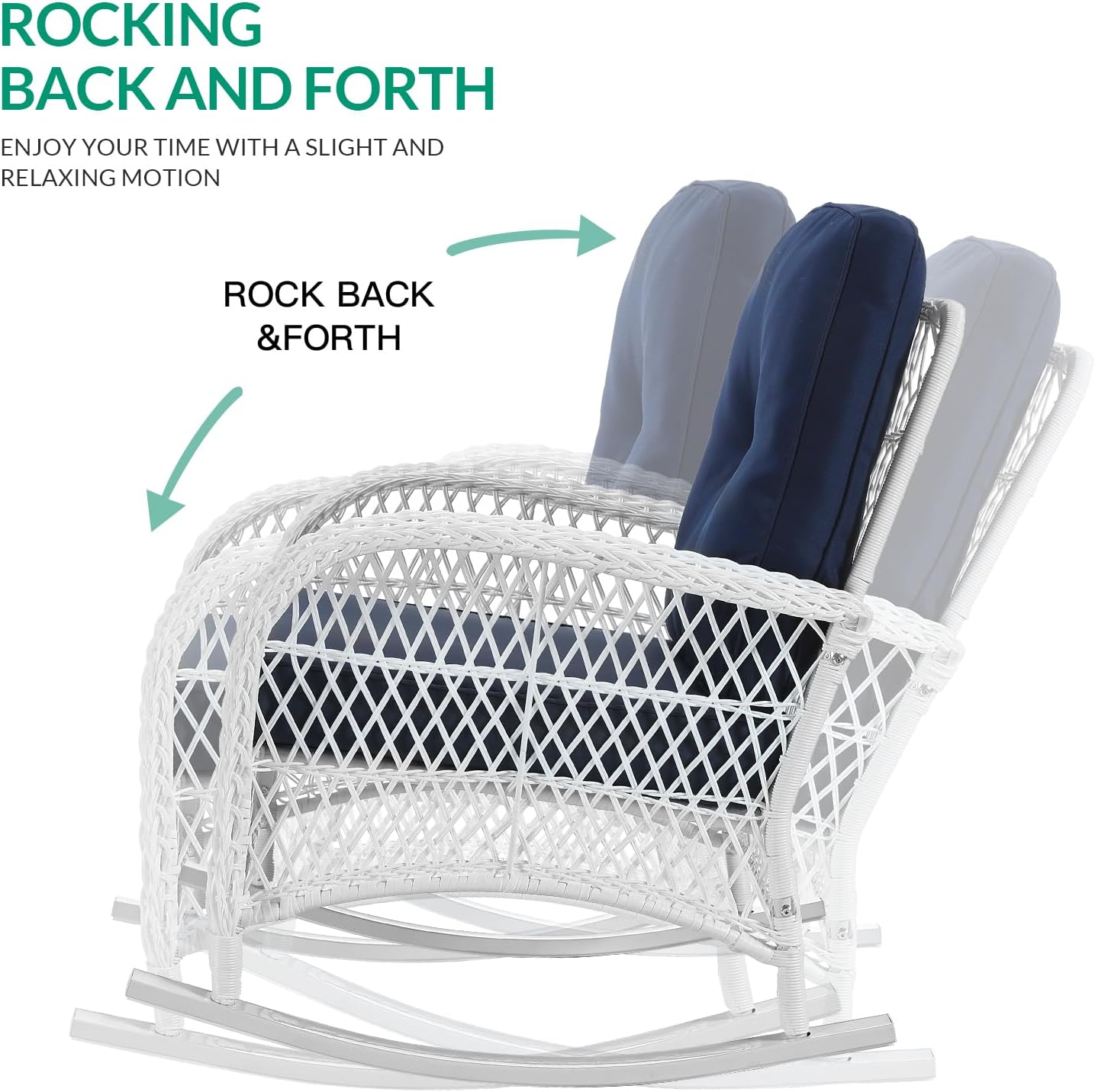 VIVIJASON 4-Piece Outdoor Patio White Wicker Conversation Sets, All Weather Outdoor Rattan Furniture Set Includes Glider Loveseat, Coffee Table, 2 Rocking Chairs with Cushions for Backyard, Navy Blue