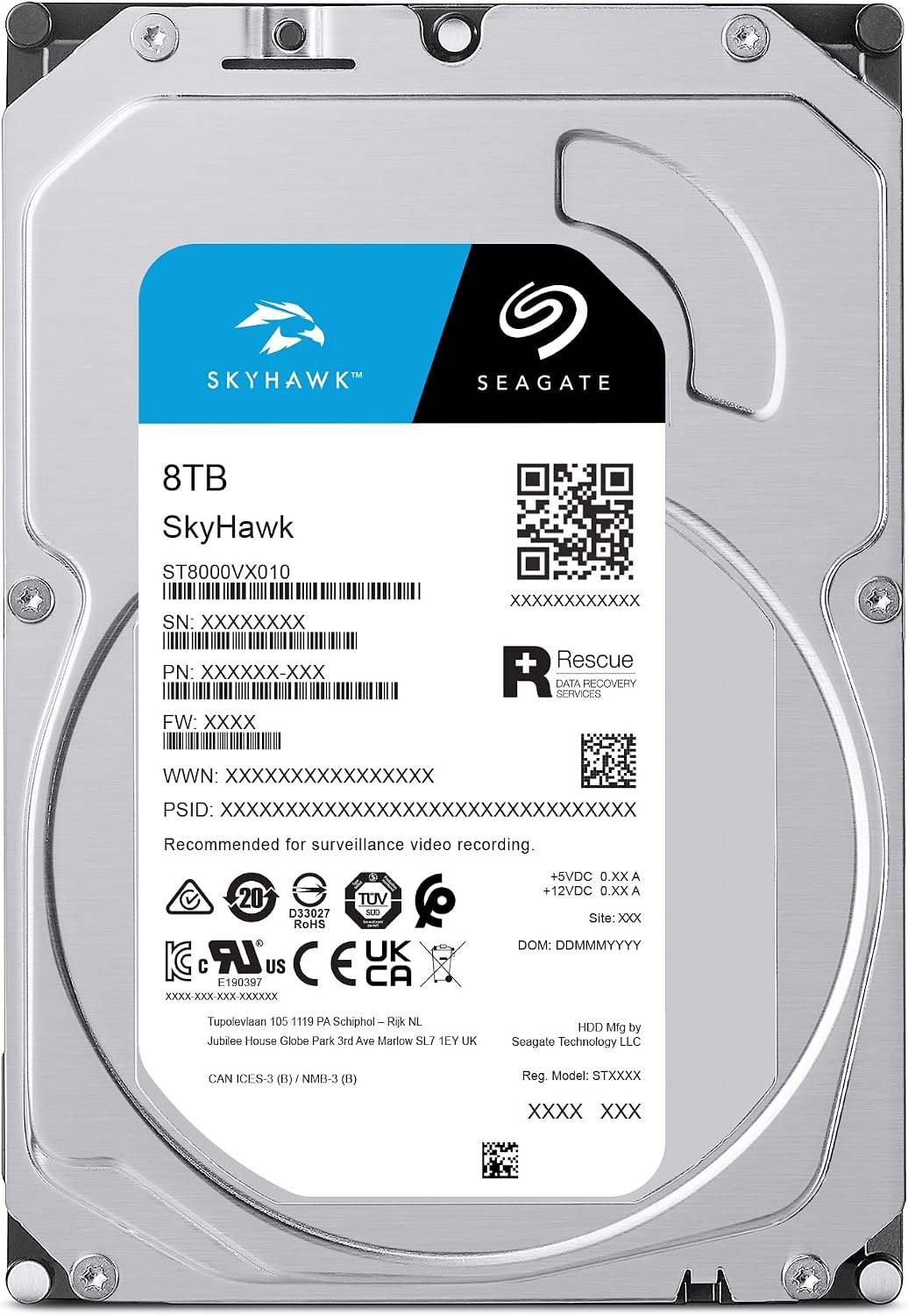 Seagate Skyhawk 8TB Video Internal Hard Drive HDD – 3.5 Inch SATA 6Gb/s 256MB Cache for DVR NVR Security Camera System with Data Rescue Services (ST8000VX010)