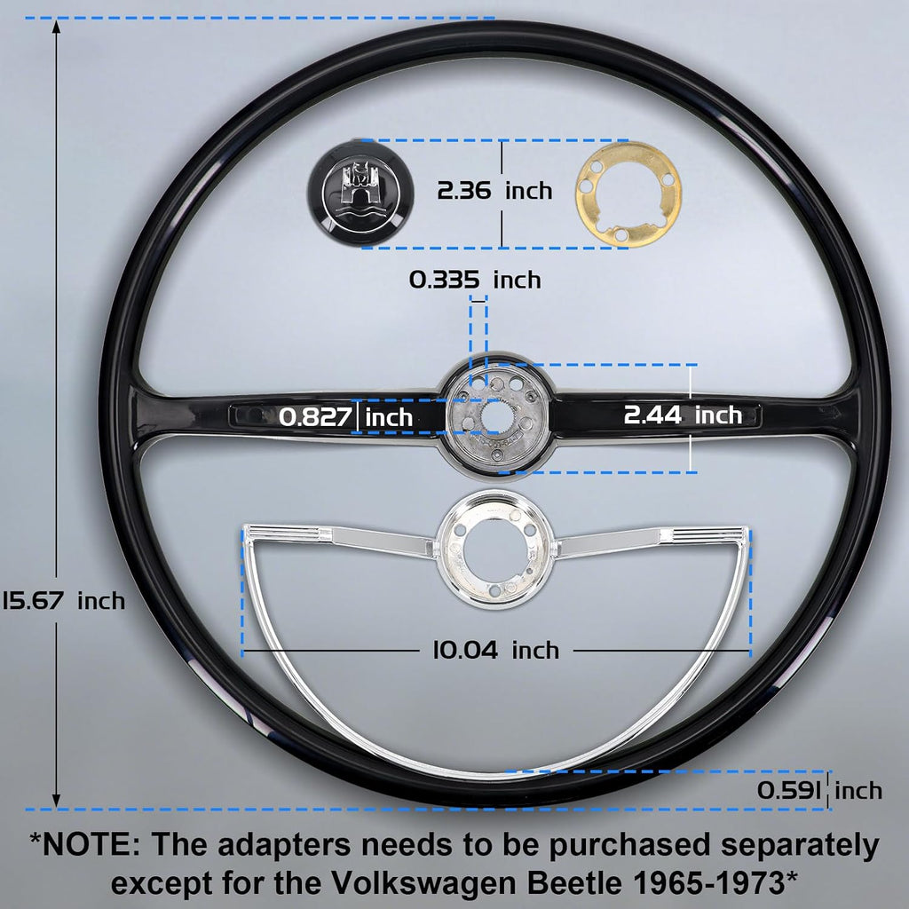 Sorghum 15' Universal Steering Wheel - Classic Steering Wheel with Horn Button Compatible with 1965-1973 Volkswagen Beetle - Piano Lacquer Black