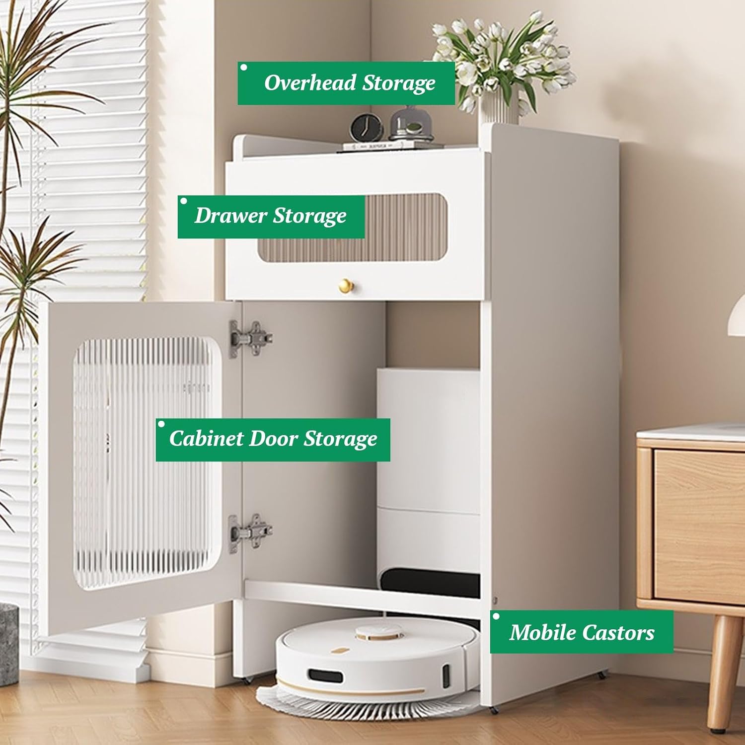 Mobile Storage Cabinet Corner Hidden Robot Vacuum Stand for Self-Emptying Robot Vacuum and Mop Storage Cabinet with Drawers Wood Accent End Table Wheels Home Living Room(White,19.6x15.7x36.6in)