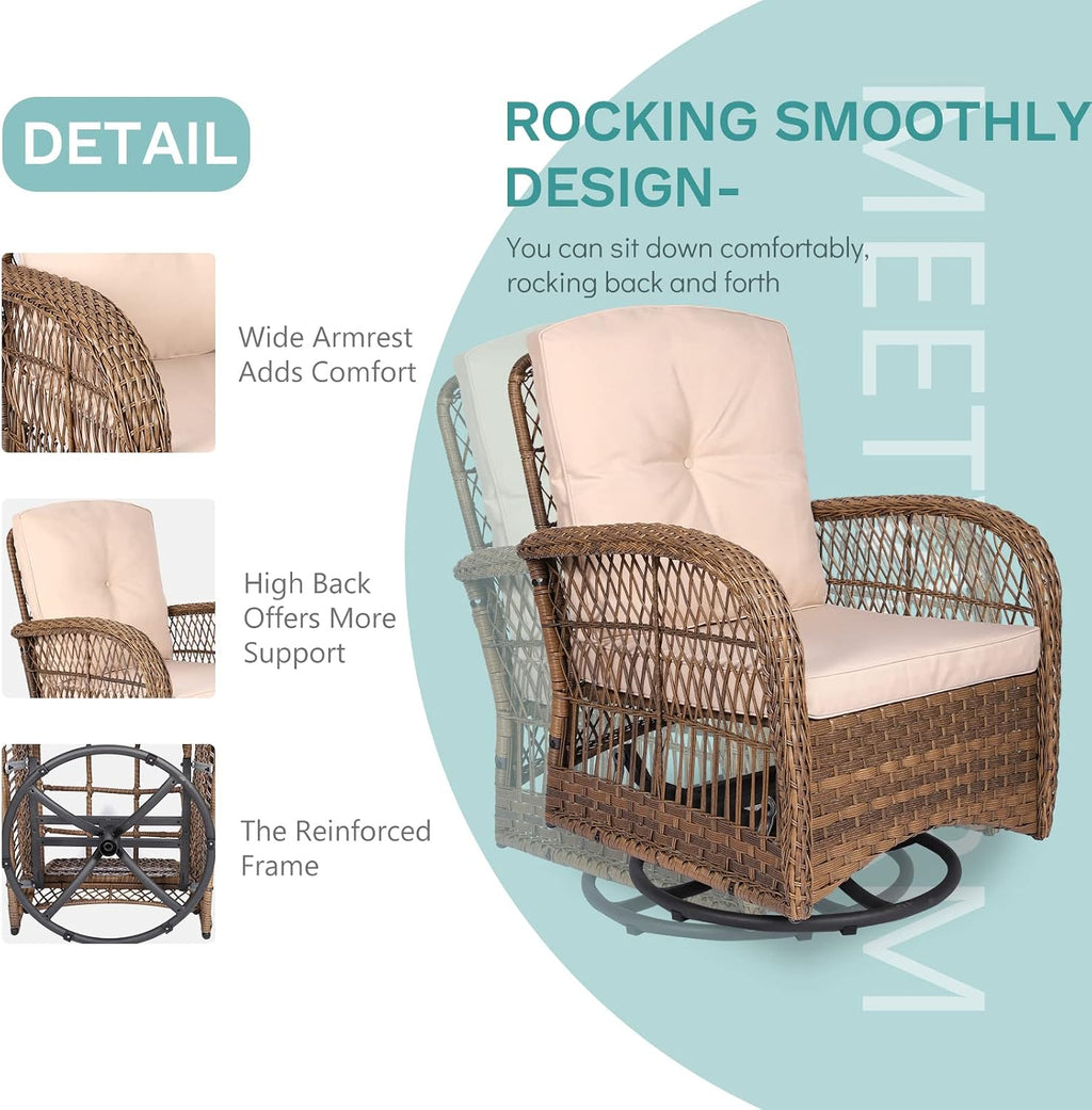 MEETWARM 3 Pieces Outdoor Wicker Swivel Rocker Patio Set, Rocking Chairs Rattan Patio Furniture Sets with Thickened Cushion and Glass-Top Coffee Table, Conversation Bistro Set for Porch (Light Brown)