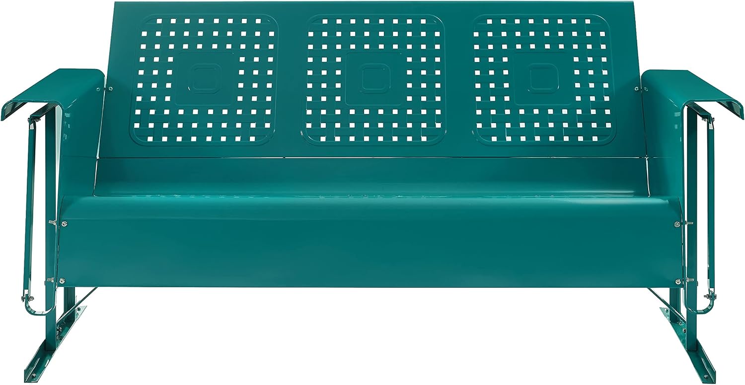 Crosley Furniture Bates Retro Metal Outdoor Sofa Glider, 3-Person Rocking Patio Bench for Porch, Deck, Turquoise Gloss