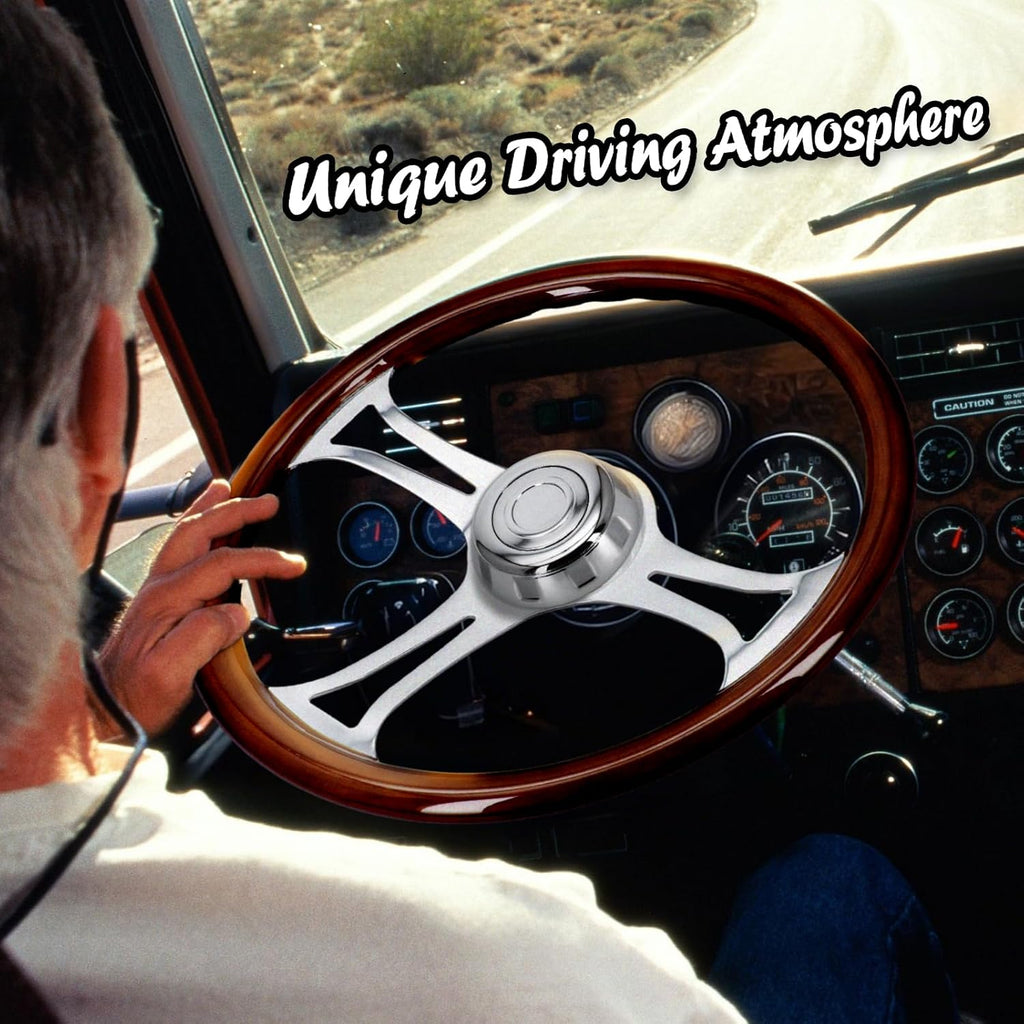 Sorghum 18' Solid Wood Steering Wheel - 3 Spokes Aluminum Chrome Classic Steering Wheel with Horn Button for Semi-Trailers Trucks Compatible with Mack Kenworth Peterbilt Volvo Freightliner
