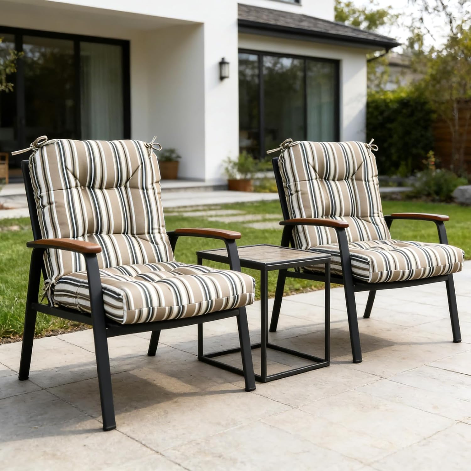 COOS BAY Tufted High Back Chair Cushions, 42x21 Inch Outdoor Patio Furniture Cushions, Water Resistant Rocker Seat Pads, 2 Pack, Beige Stripes
