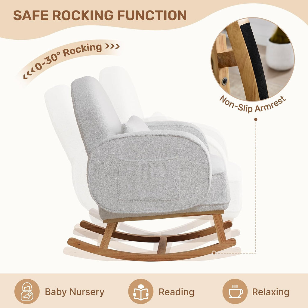 HCHAIRH Rocking Chair Nursery with Ottoman Footrest, Upholstered Glider Rocker with High Backrest and Side Pocket, Rocking Accent Armchair with Solid Wood Legs for Nursery, Living Room, Bedroom White