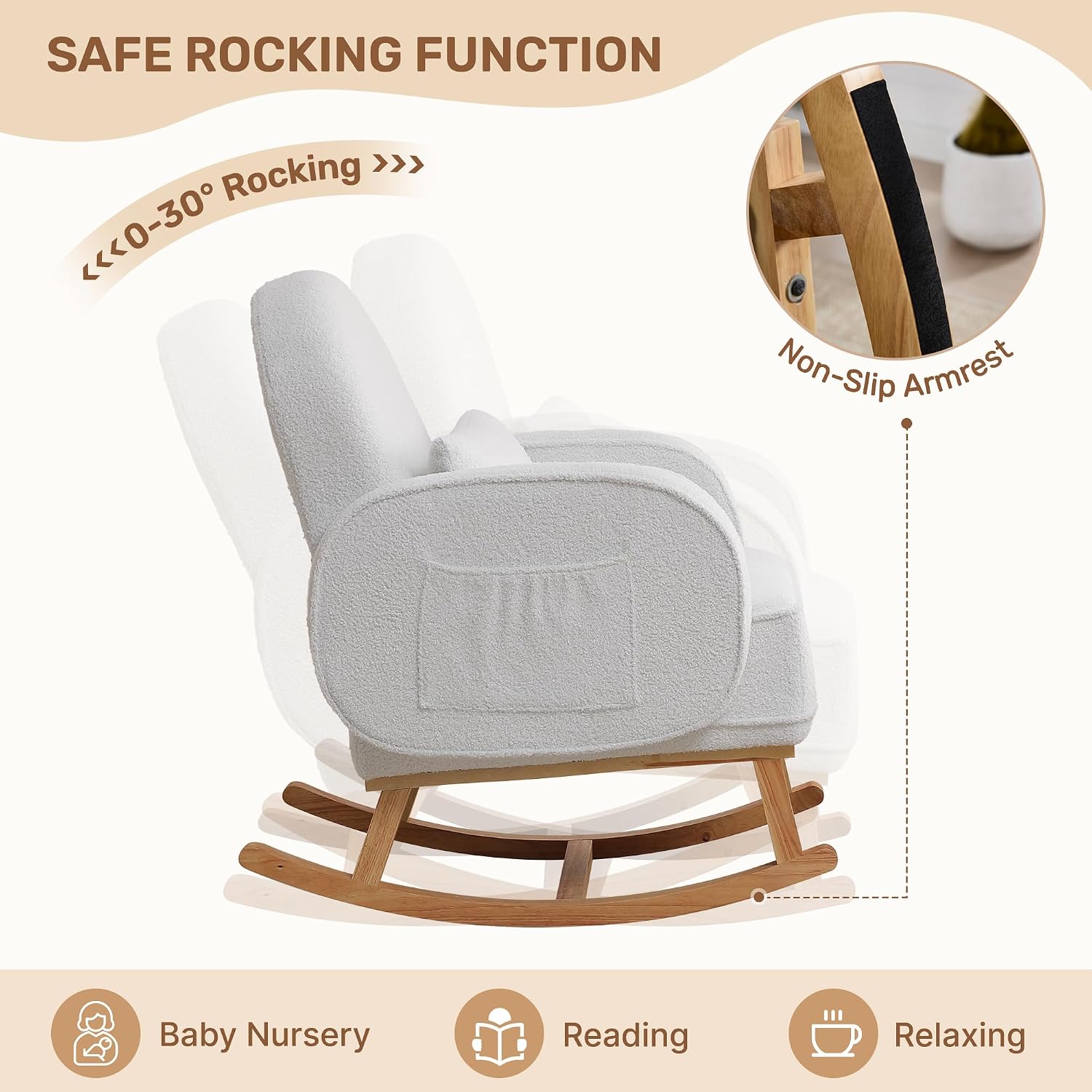 HCHAIRH Rocking Chair Nursery with Ottoman Footrest, Upholstered Glider Rocker with High Backrest and Side Pocket, Rocking Accent Armchair with Solid Wood Legs for Nursery, Living Room, Bedroom White