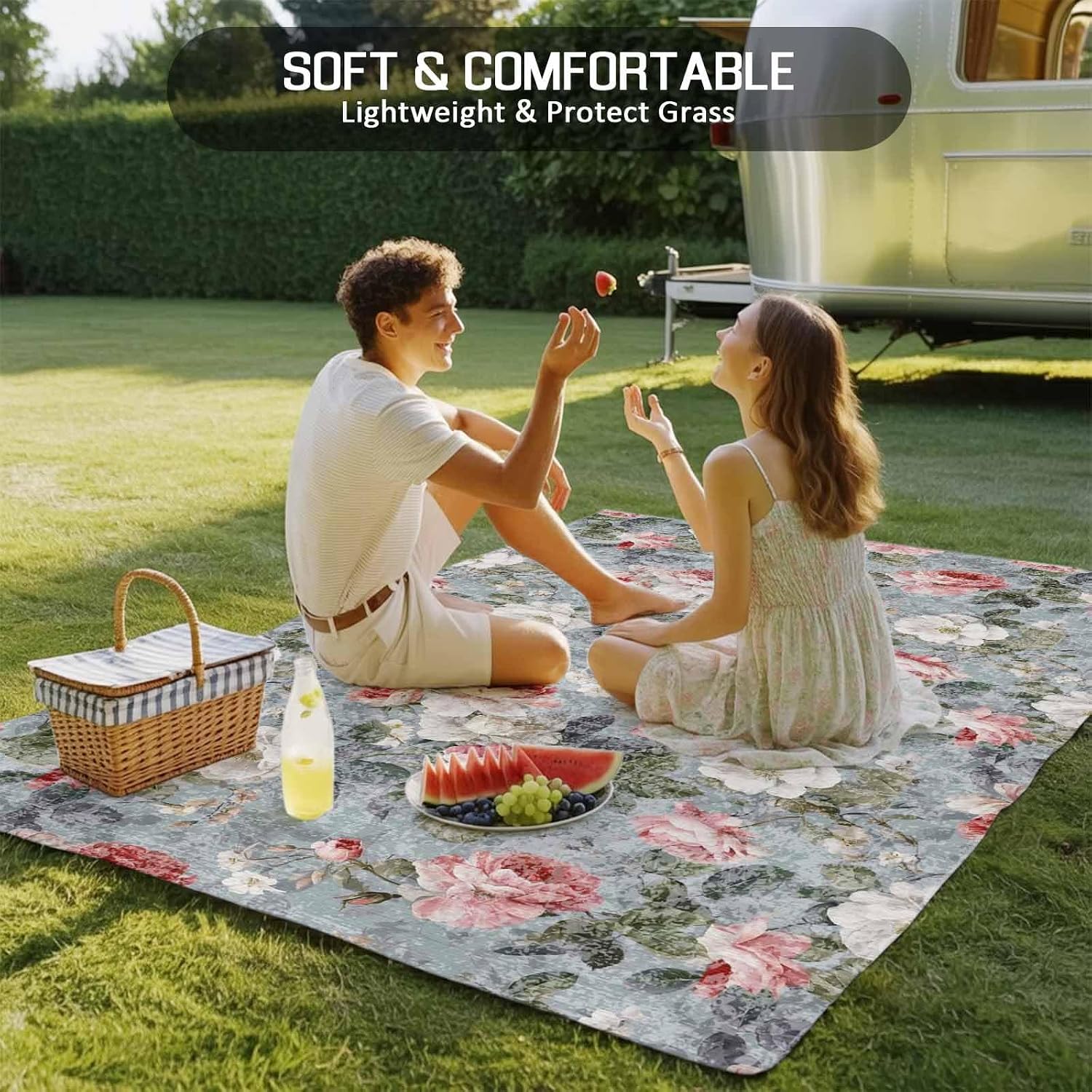 Vintage Spring Floral Outdoor Rug for Patio/Deck/Porch, Non-Slip Large Area Rug 5 x 8 Ft, Summer Botanical Watercolor Indoor Outdoor Rugs Washable Area Rugs, Reversible Camping Rug Carpet Runner