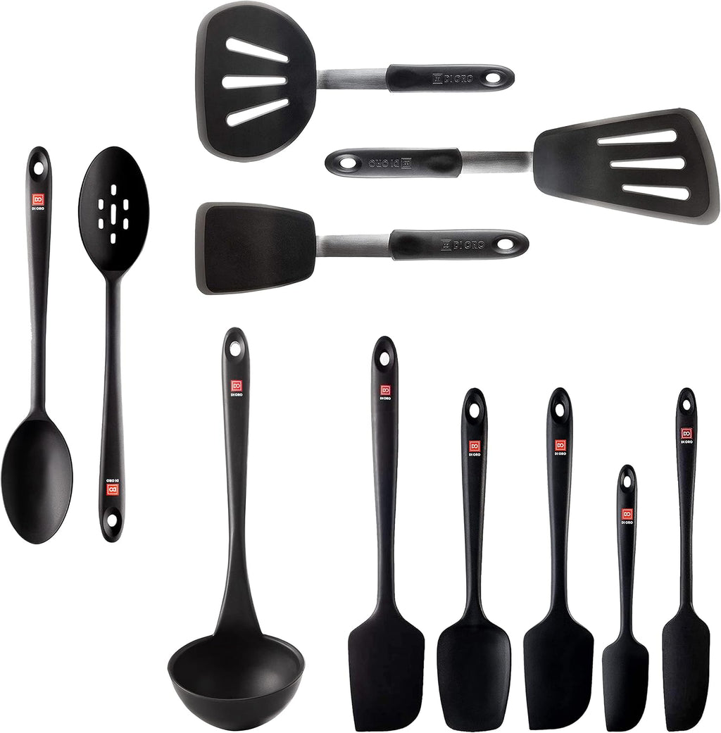 DI ORO 11-Piece Silicone Kitchen Set - 600°F Nonstick Heat-Resistant Utensils - 3 Turners, 5 Seamless Spatulas, 2 Spoons, 1 Ladle - Tools for Cooking & Baking - Dishwasher Safe, Easy to Clean (Black)