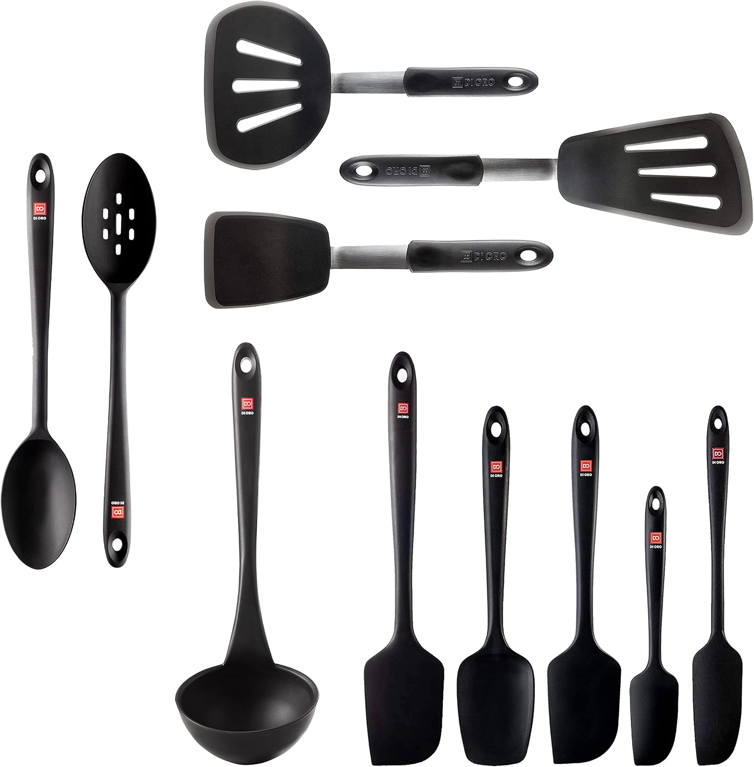 DI ORO 11-Piece Silicone Kitchen Set - 600°F Nonstick Heat-Resistant Utensils - 3 Turners, 5 Seamless Spatulas, 2 Spoons, 1 Ladle - Tools for Cooking & Baking - Dishwasher Safe, Easy to Clean (Black)