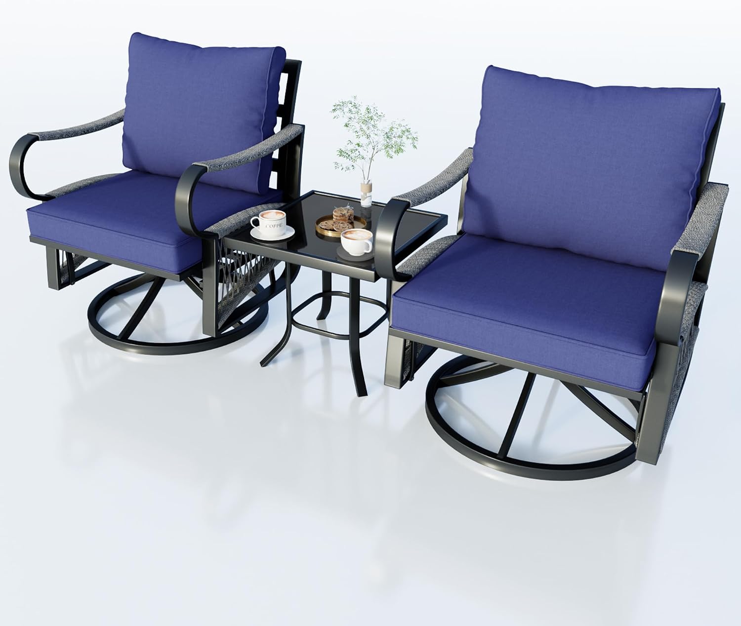 3 Pieces Glider Rocking Chairs, Outdoor Swivel Rocker Chairs with Blue Padded Cushions, Patio Bistro Furniture Set with Side Table for Porch Balcony Backyard Deck Poolside, Blue