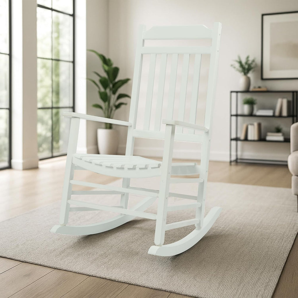 Kozyard Wooden Rocking Chair, Solid Wood Outdoor Rocker Chair with High Back & Slatted Seat, Ergonomic Porch Rocking Chair for Patio, Balcony, Garden, Indoor Outdoor Use (White)