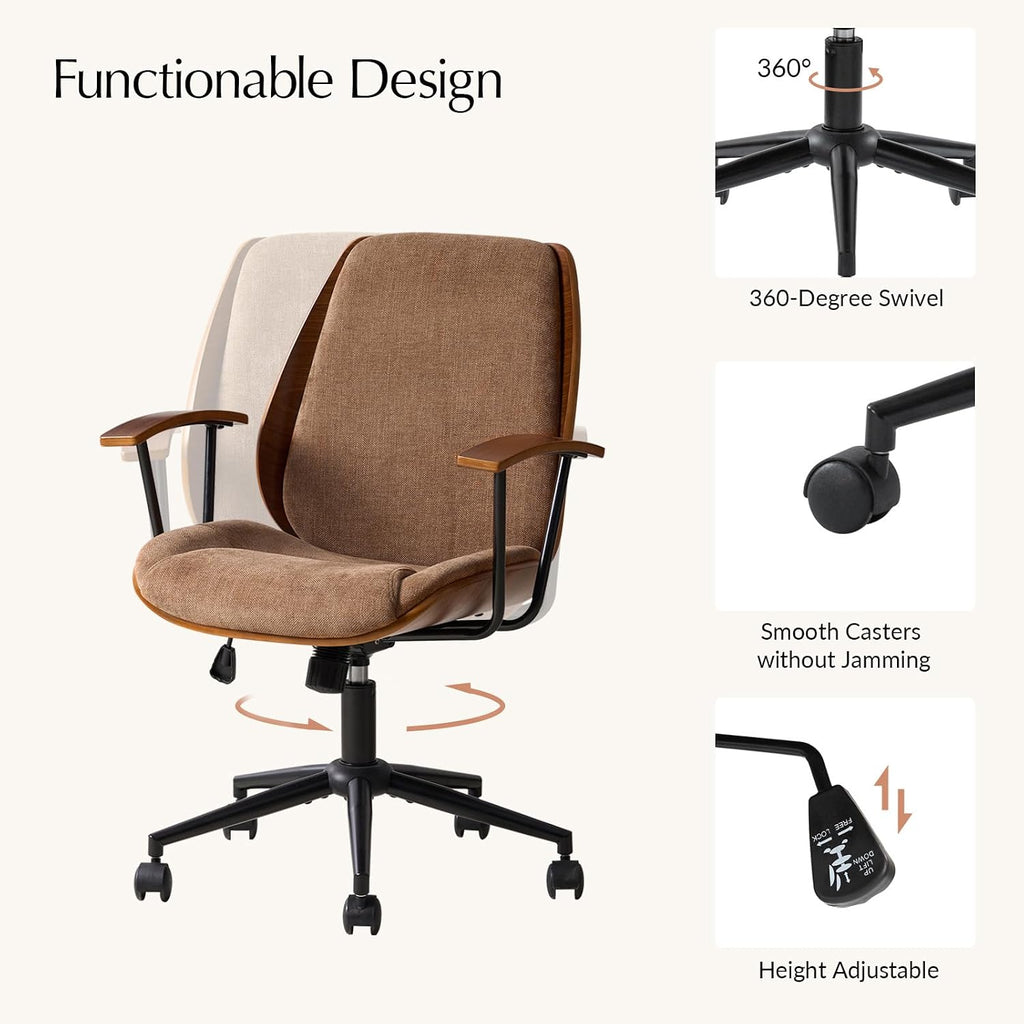 HULALA HOME Solid Wood Office Chair with Rocking Function, Comfy Fabric Desk Chair with Bent Wood and Metal Base, Height Adjustable Swivel Computer Task Chair, Camel
