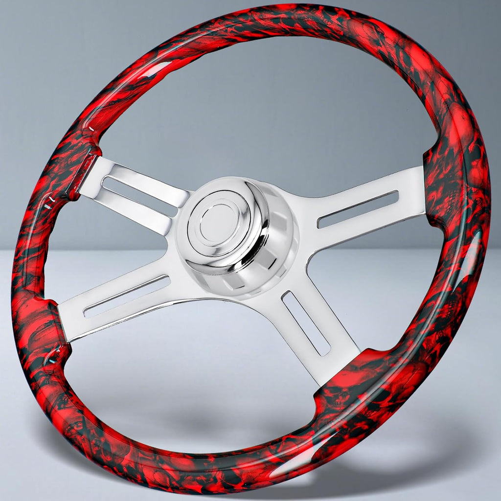 Sorghum 18' Solid Wood Steering Wheel - Hydrographic Red Skulls 4 Spokes Aluminum Chrome Steering Wheel with Horn Button for Trucks Compatible with Mack Kenworth Peterbilt Volvo Freightliner