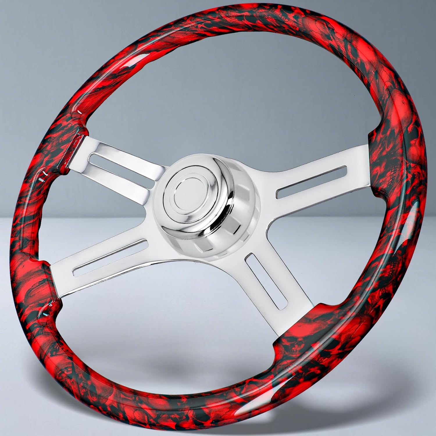 Sorghum 18' Solid Wood Steering Wheel - Hydrographic Red Skulls 4 Spokes Aluminum Chrome Steering Wheel with Horn Button for Trucks Compatible with Mack Kenworth Peterbilt Volvo Freightliner