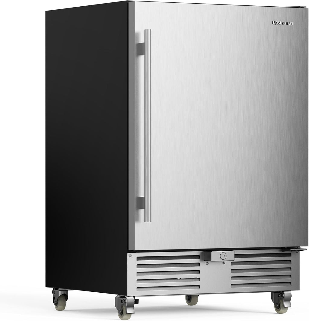 Upstreman 24 Inch Outdoor Refrigerator, 170 Can Under Counter Refrigerator with Stainless Steel Door, Weatherproof, LED Light, Beverage Fridge for Home, Patio or Commercial Use-BR50