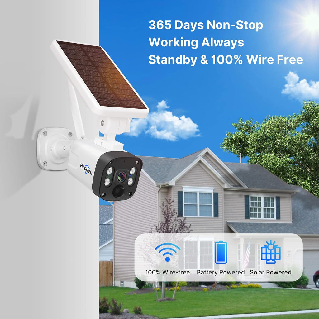 Hiseeu Solar Camera Wireless Outdoor, Home Security Camera System, 2.4G & 5G WiFi, Solar-Powered 4MP Color Night Vision, 360° View, Pan & Tilt, 1TB HDD Local Recording, No Subscription