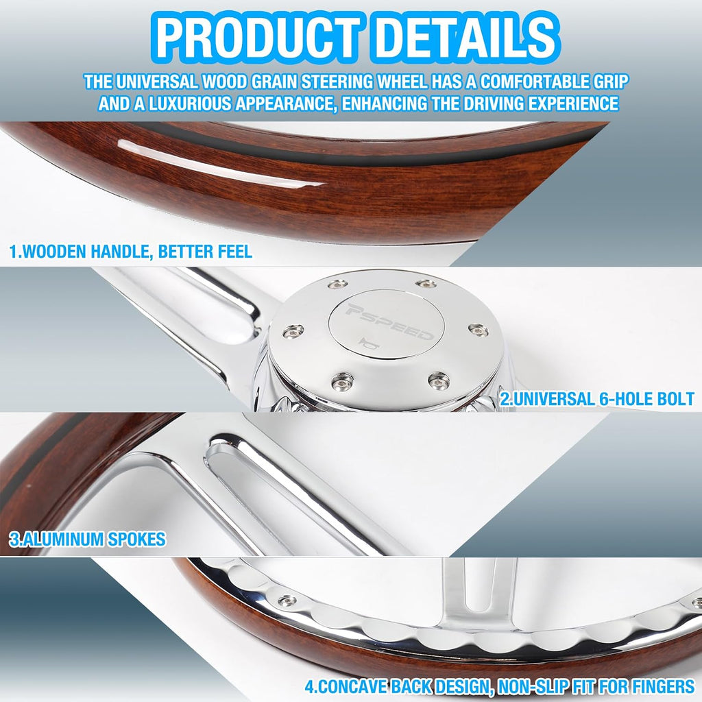18 in Solid Wood lacquering Truck Steering Wheel,4 Spokes 5-Bolt Chrome Aluminum Classic Wood Grain Steering Wheel 5 Bolt fit For Kenworth,for Peterbilt,for Volvo,for Freightliner