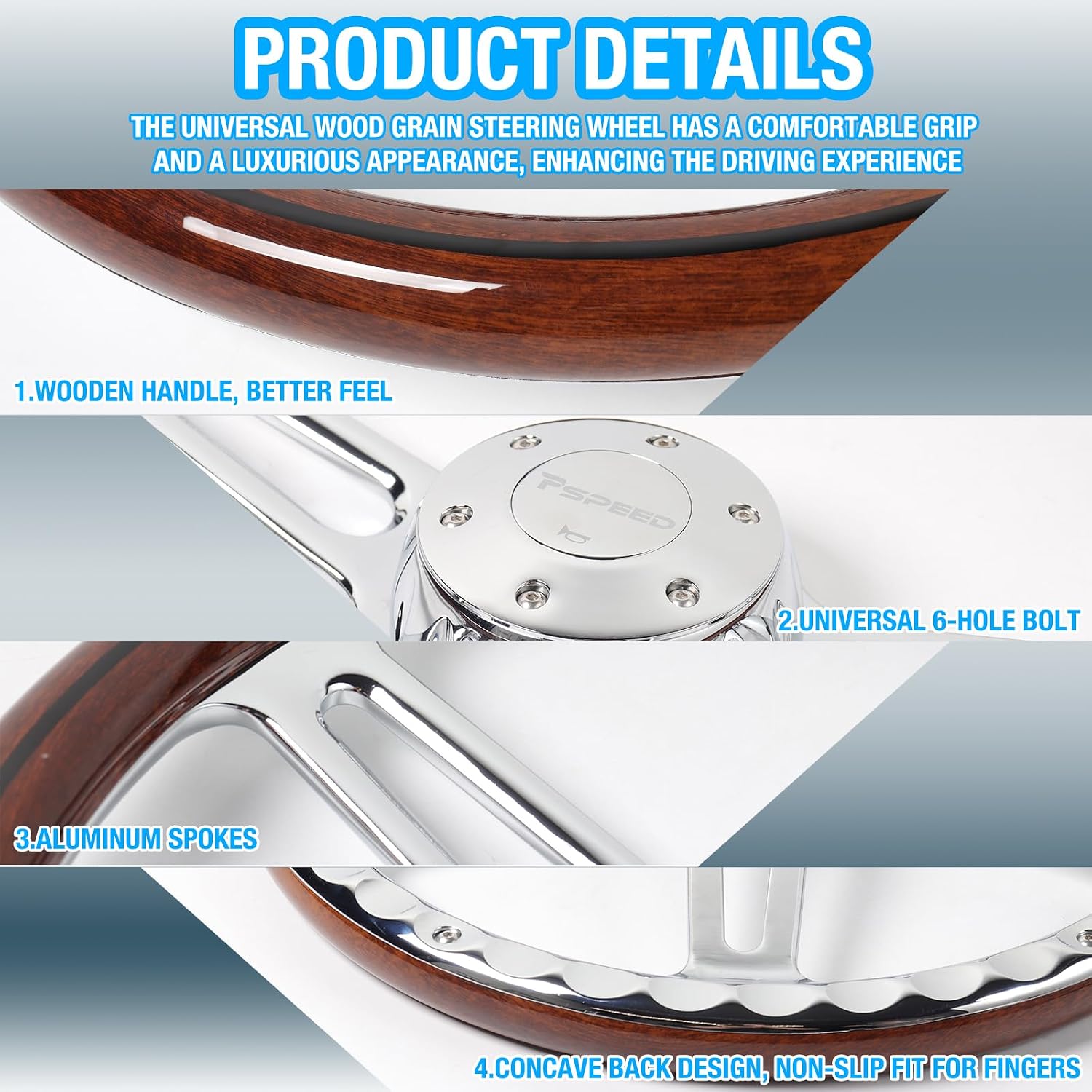 18 in Solid Wood lacquering Truck Steering Wheel,4 Spokes 5-Bolt Chrome Aluminum Classic Wood Grain Steering Wheel 5 Bolt fit For Kenworth,for Peterbilt,for Volvo,for Freightliner