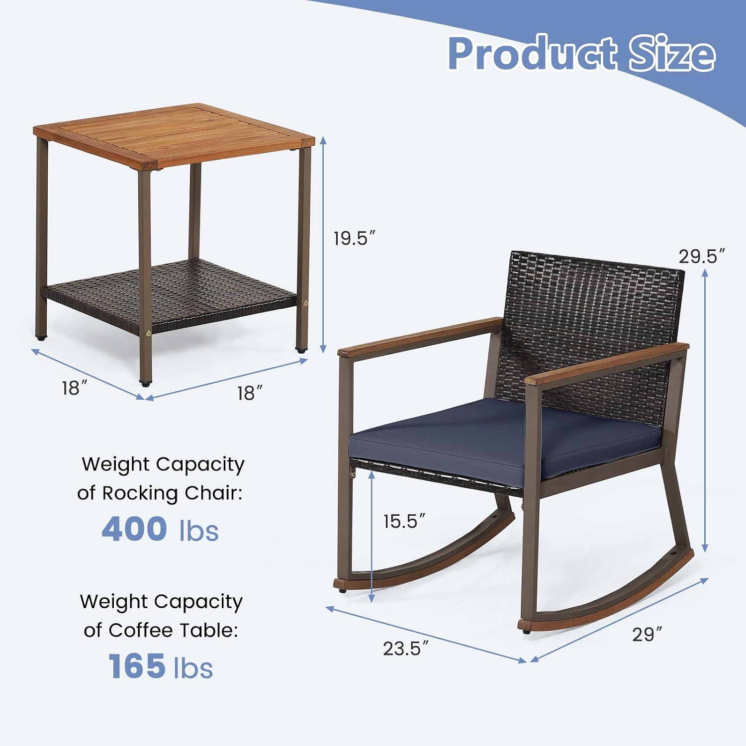 Outdoor Rocking Chair Set, 3 Pieces Patio Set with Rocking Chair, Coffee Table & Cushions, Patio Wicker Furniture Set for Balcony, Porch & Backyard (Navy Blue)