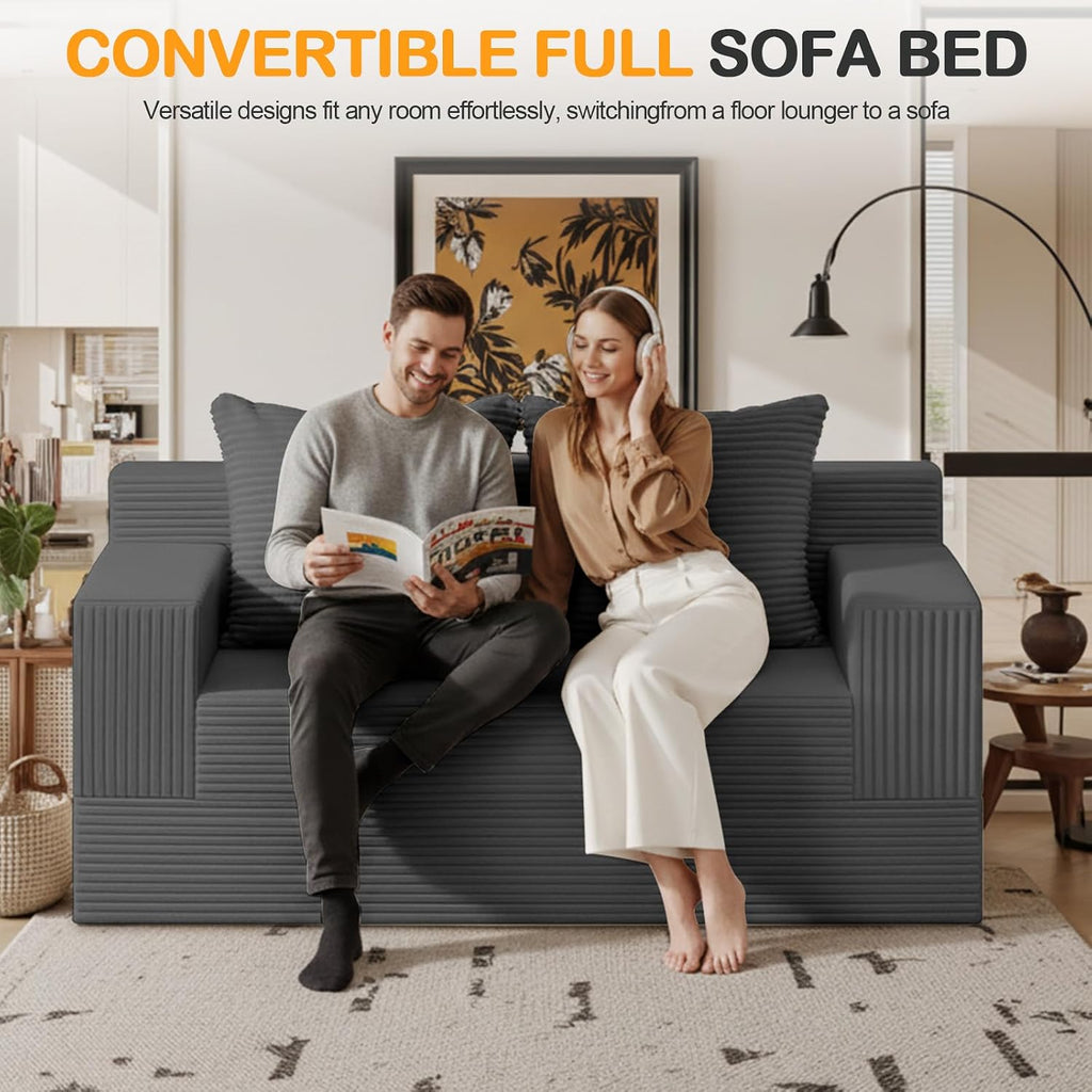 Erament Convertible Sofa Bed, Loveseat Folding Floor Futon Sleeper Sofa Couch Bed- Boneless Foldable Couch, Corduroy Pull Out Sofa Bed with 2 Pillows for Living Room & Bedroom