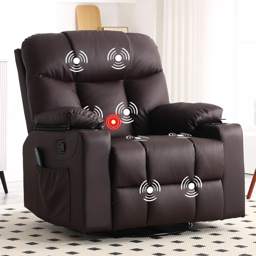 Bonzy Home Swivel Rocker Recliner with Heating and Massage, 40' Manual Rocker Recliner Chair, PU Leather Single Sofa with 2 Cup Holders for Living Room Bedroom, Brown