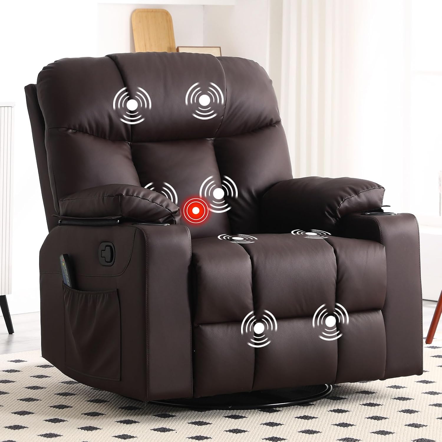 Bonzy Home Swivel Rocker Recliner with Heating and Massage, 40' Manual Rocker Recliner Chair, PU Leather Single Sofa with 2 Cup Holders for Living Room Bedroom, Brown