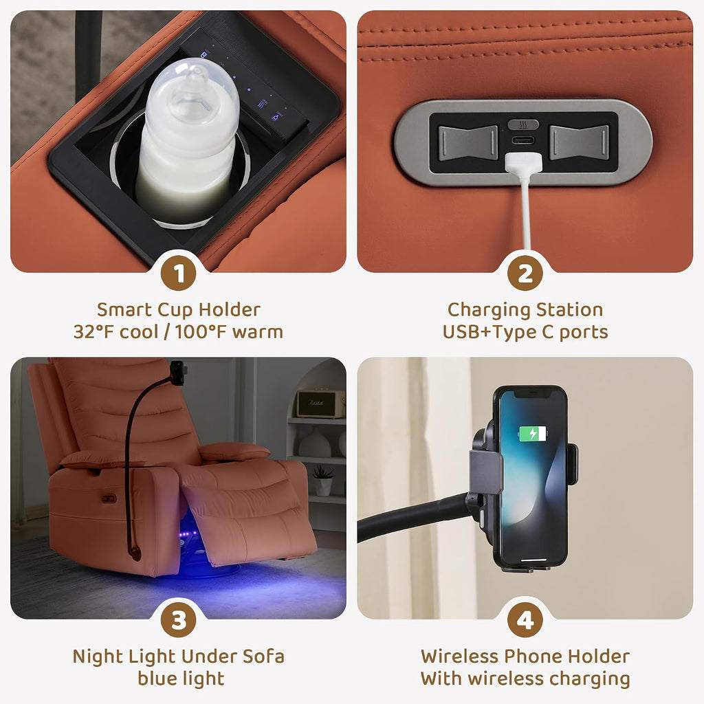 Olela Power Glider Recliner Nursery Chair, PU Leather Swivel Rocking Chair with Electric Lumbar Support, USB Charging, Smart Cup Holder, Light, Adjustable Armrest, Wireless Phone Charger Holder