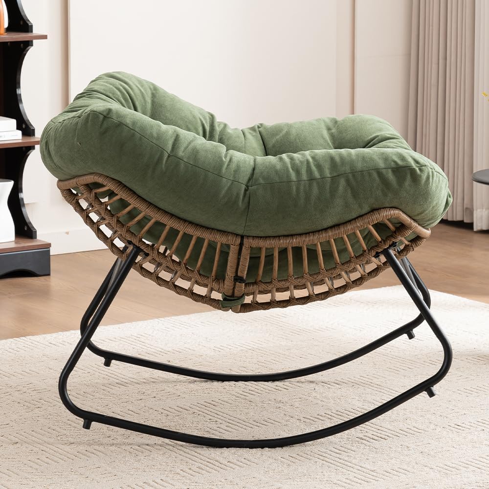 Outdoor Papasan Chair, Oversized Rocking Chair with Cushion and Metal Frame, Patio Lounge Rocking Chair for Balcony Backyard Porch Bedroom Living Room (Green)