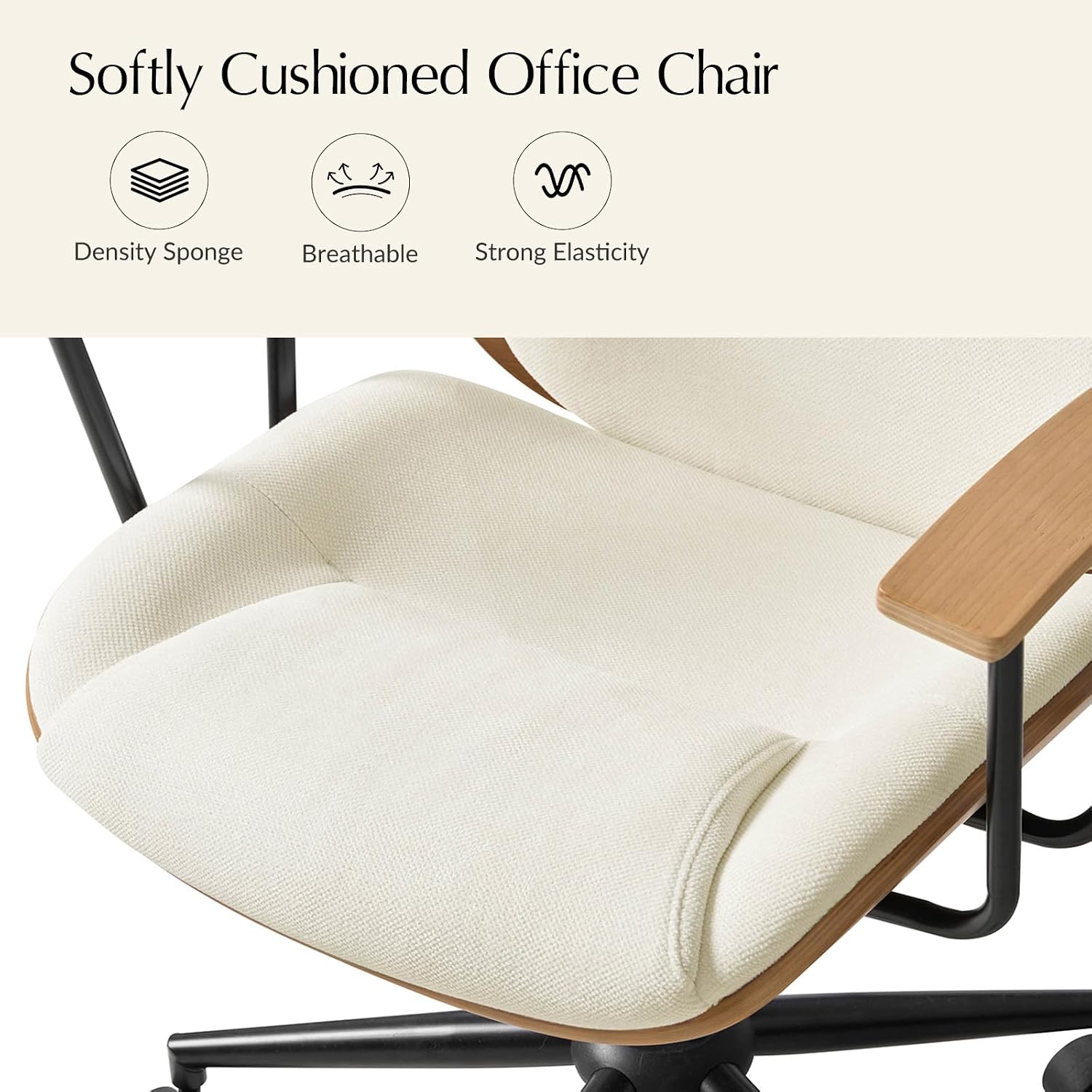 HULALA HOME Solid Wood Office Chair with Rocking Function, Comfy Fabric Desk Chair with Bent Wood and Metal Base, Height Adjustable Swivel Computer Task Chair, Ivory