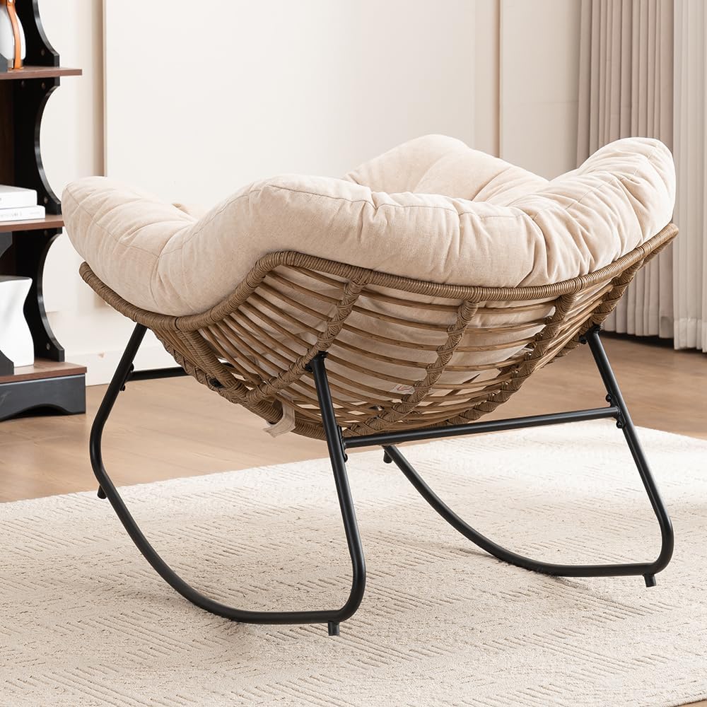 Outdoor Papasan Chair, Oversized Rocking Chair with Cushion and Metal Frame, Patio Lounge Rocking Chair for Balcony Backyard Porch Bedroom Living Room (Beige)