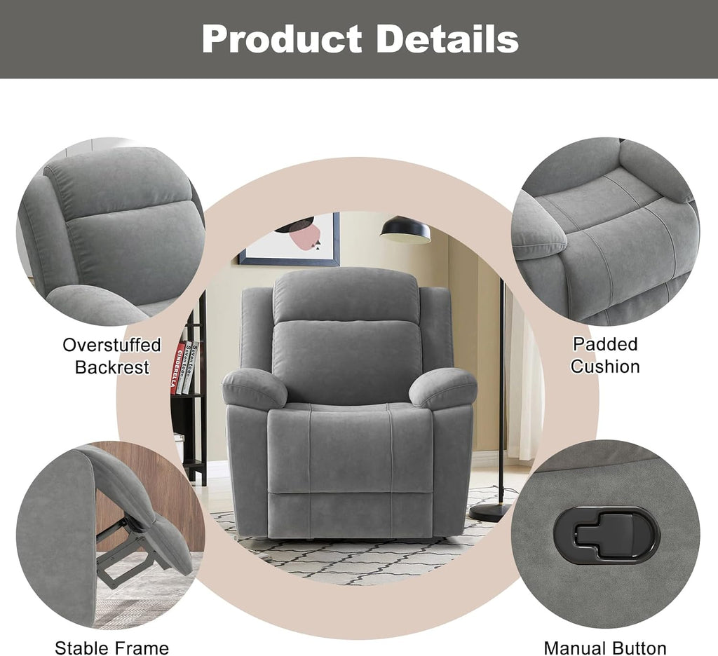 HAOMARKETS Rocker Recliner Chair for Adults, Manual Recliners with Overstuffed Backrest and Armrests, Upholstered Rocking Reclining Sofa Chair for Living Room, Grey