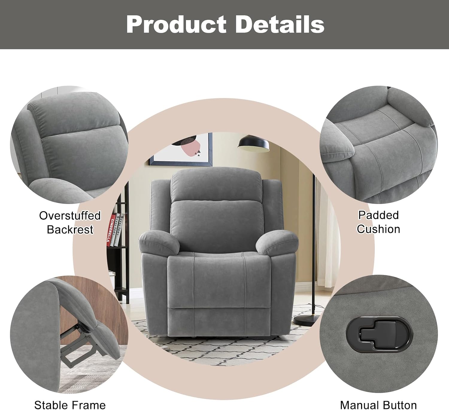HAOMARKETS Rocker Recliner Chair for Adults, Manual Recliners with Overstuffed Backrest and Armrests, Upholstered Rocking Reclining Sofa Chair for Living Room, Grey