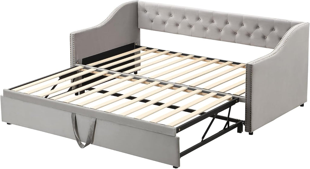 Merax Twin Size Upholstered Velvet Daybed with Pop Up Trundle, Multi-Functional Sofa Bed with Backrest and Two Armrest for Kids Room, Guest Room, Living Room,Gray