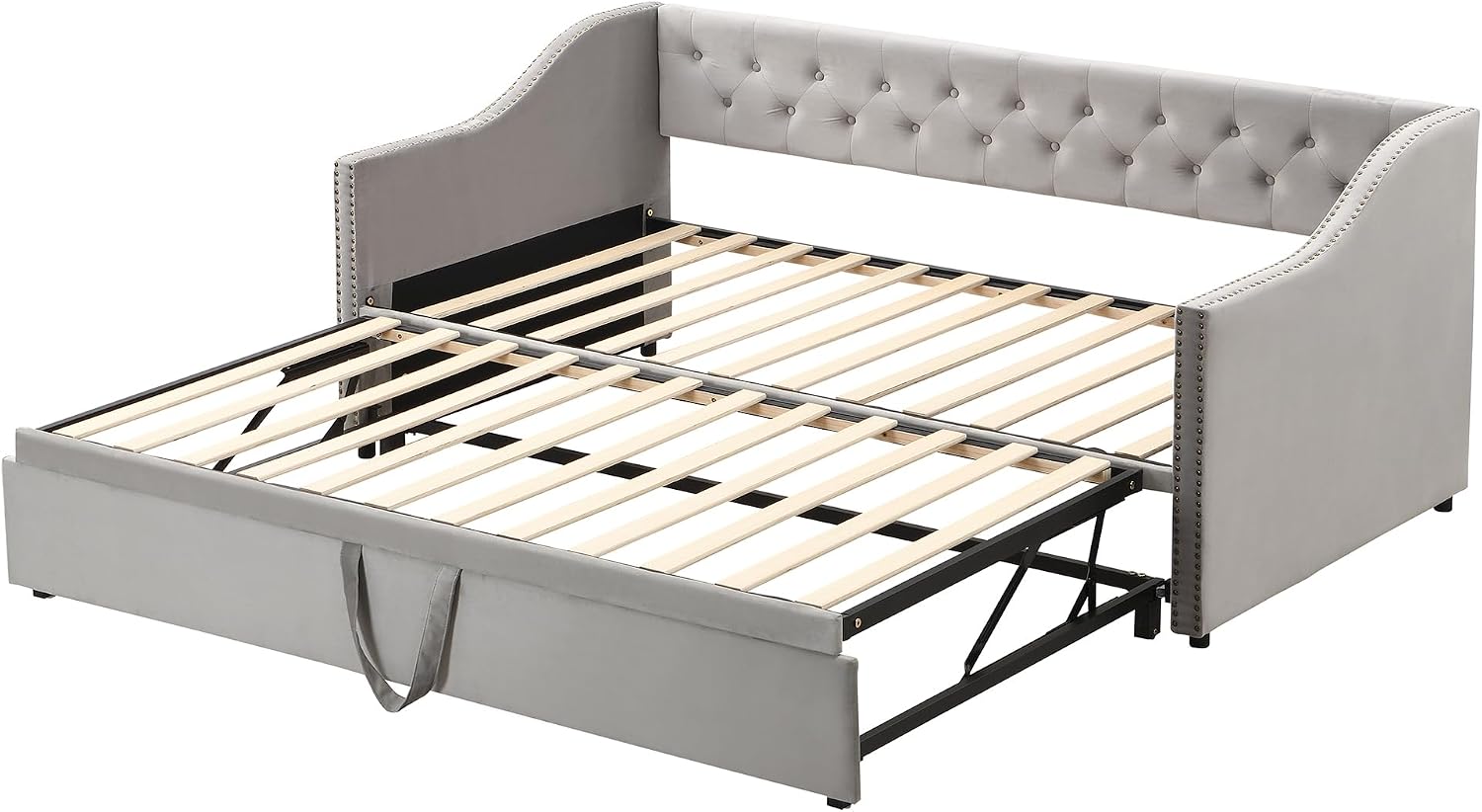 Merax Twin Size Upholstered Velvet Daybed with Pop Up Trundle, Multi-Functional Sofa Bed with Backrest and Two Armrest for Kids Room, Guest Room, Living Room,Gray