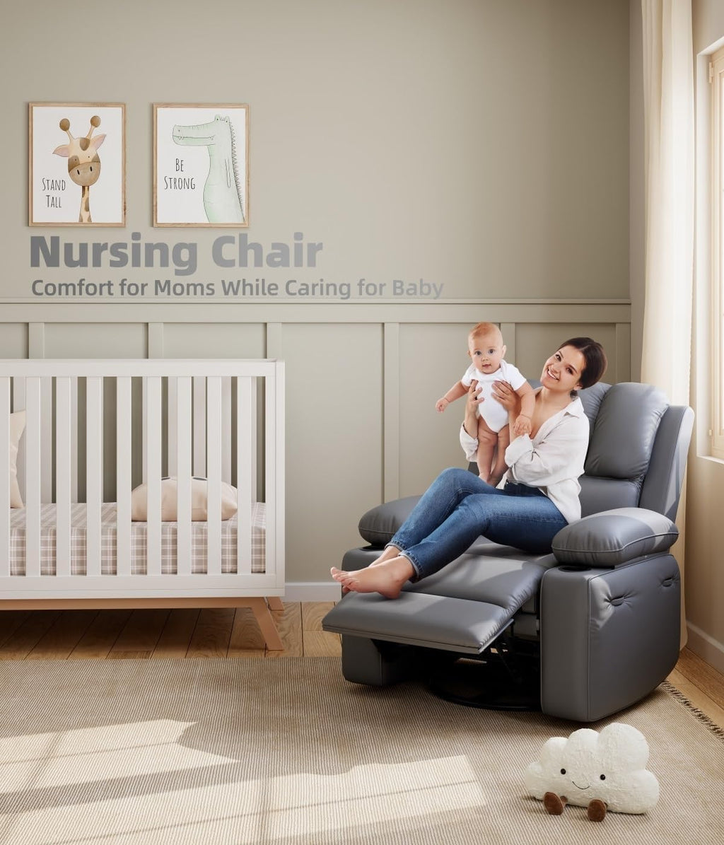 GarveeHome Recliner Chair, 360° Swivel Rocker Recliners with Heat & Massage, Soft Lazy Boy Recliner Chair with 2 Cup Holders and Side Pocket for Living Room Bedrooms and Nurseries -Grey