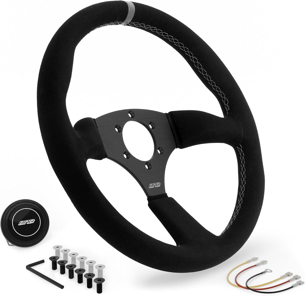 DND Performance Interior's Suede Touring Steering Wheel / 350mm Diameter and 50mm Depth / 6x70mm Bolt Pattern/DND Suede Touring Wheel with Horn Button Included (Colored Stitching) (Gray)