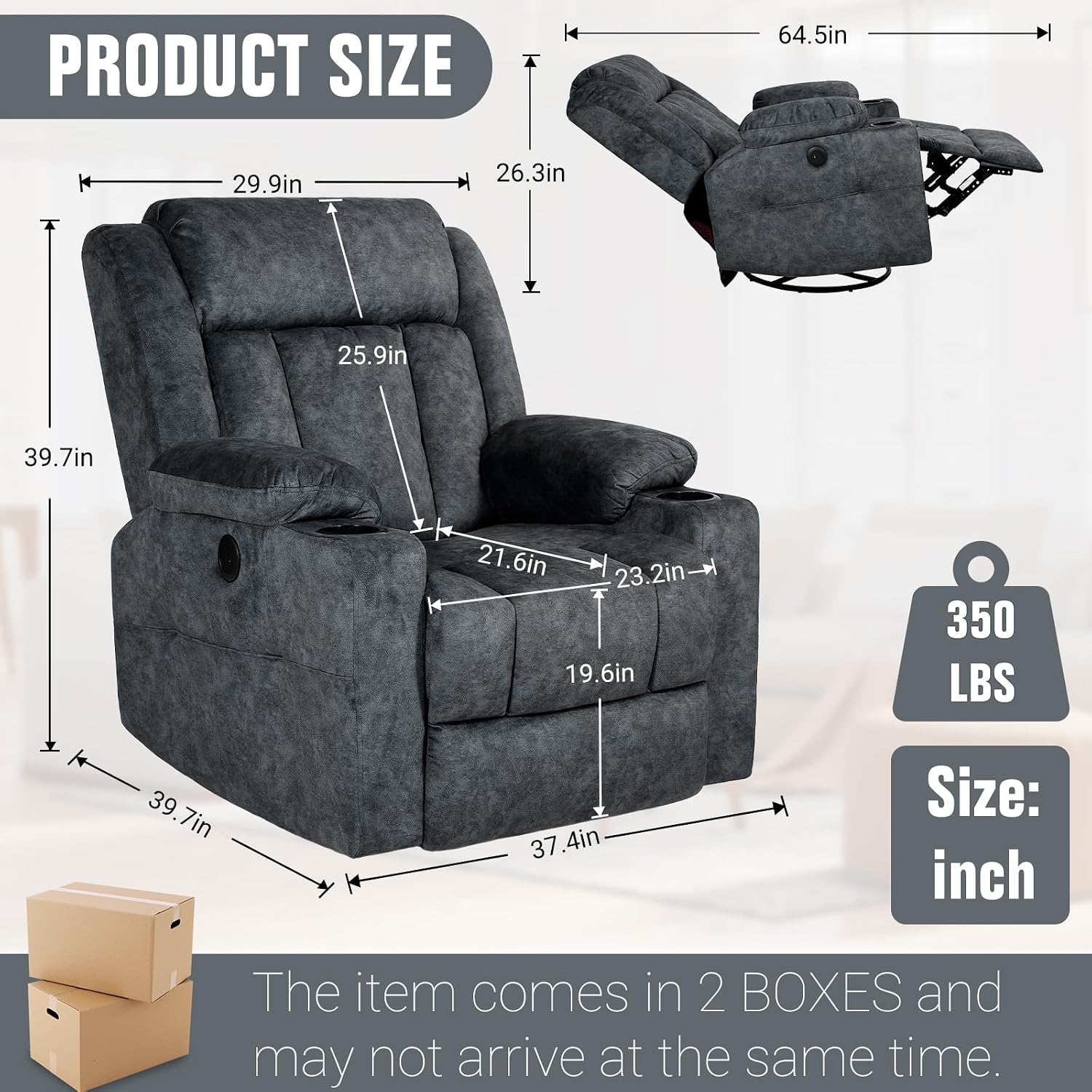LAFWELL Retro Rocking Recliner Chair, Massage Rocker Recliner Chair with Vibration Massage and Heat, USB and Type-C Ports,360° Swivel Chairs,Living Room, Bedroom, Nursery, RV, Dark Grey