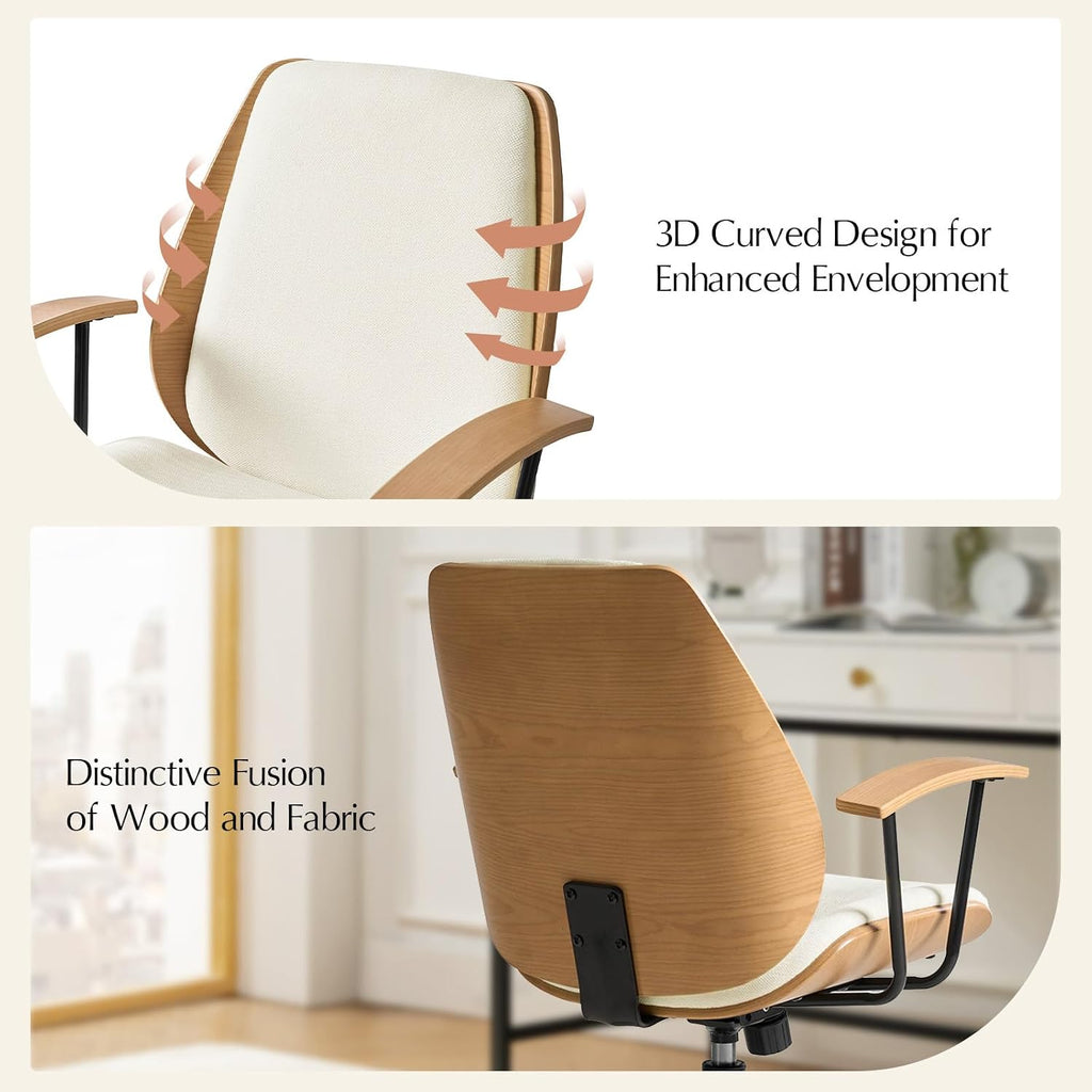 HULALA HOME Solid Wood Office Chair with Rocking Function, Comfy Fabric Desk Chair with Bent Wood and Metal Base, Height Adjustable Swivel Computer Task Chair, Ivory