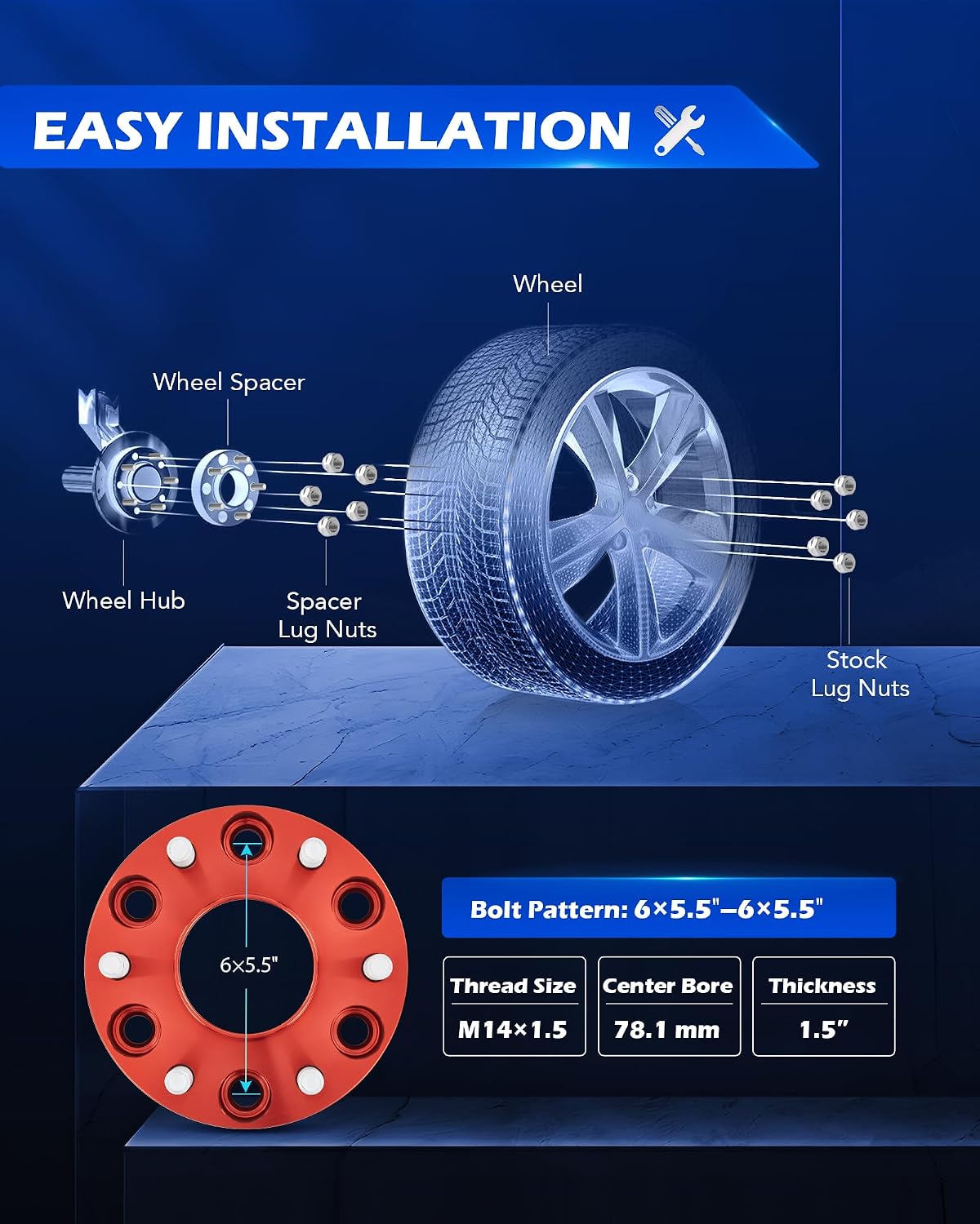 Orion Motor Tech 6x5.5 Wheel Spacers, 1.5 Inch Red Wheel Spacer Kit with M14x1.5 Studs Compatible with Chevy Silverado GMC Sierra 1500 Suburban Tahoe, Hub Centric 78.1mm Bore Wheel Spacer Kit, 4pc