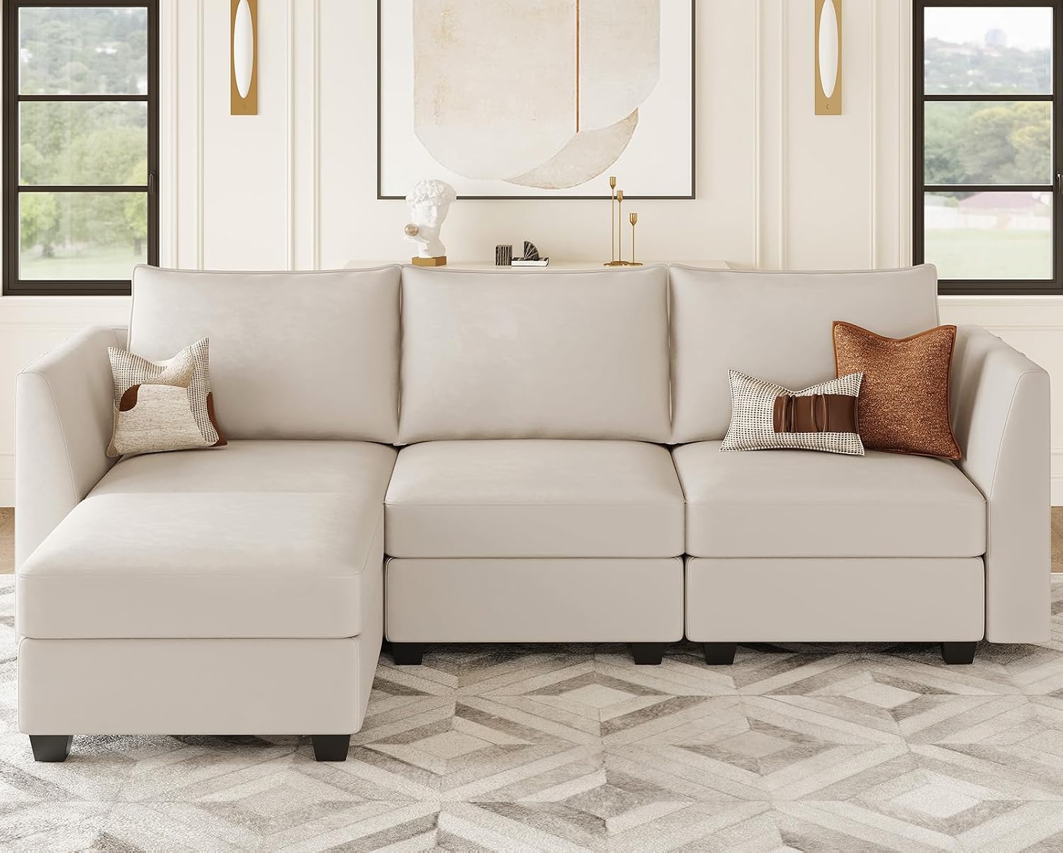 Belffin Convertible Sectional Sofa with Chaise Velvet L Shaped Sofa Couch Modular Sectional Sofa with Storage Beige
