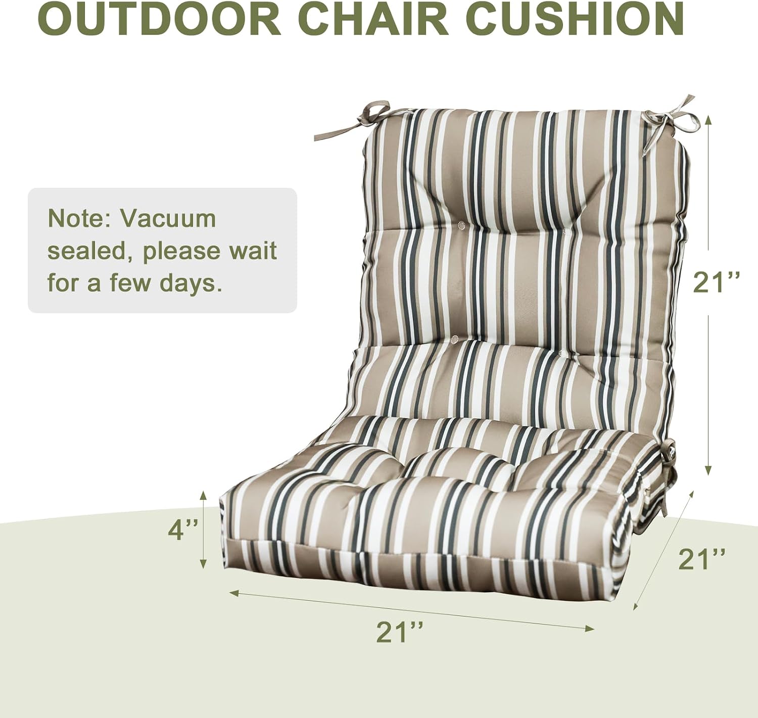 COOS BAY Tufted High Back Chair Cushions, 42x21 Inch Outdoor Patio Furniture Cushions, Water Resistant Rocker Seat Pads, 2 Pack, Beige Stripes