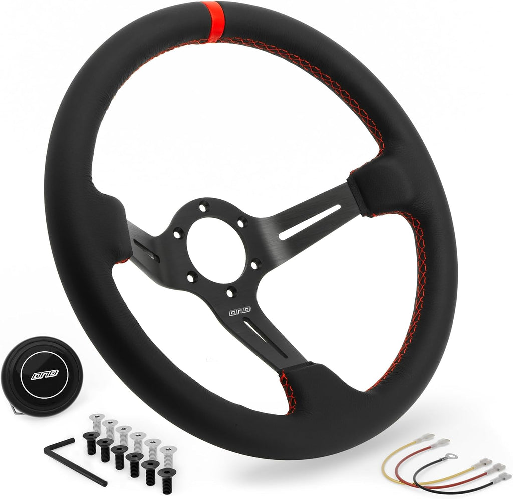 DND Performance Interior's Leather Race Steering Wheel / 350mm Diameter and 75mm Depth / 6x70mm Bolt Pattern/DND Leather Steering Wheel with Horn Button Included (Colored Stitching) (Red)