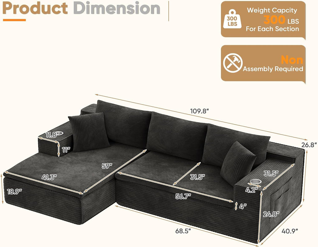 Homall 109' Boneless Couch with Memory Foam, Modular Sectional Sofa with L-Shape Chaise, Cloud Couch with Deep Seat, Dual Cup Holders & Side Pockets, No Assembly Required (Black)