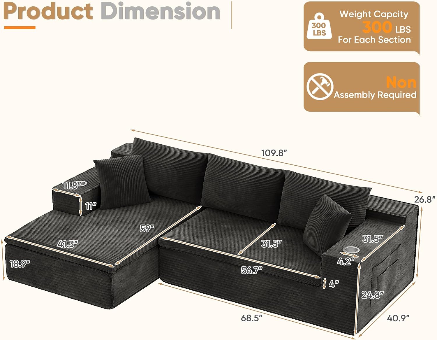 Homall 109' Boneless Couch with Memory Foam, Modular Sectional Sofa with L-Shape Chaise, Cloud Couch with Deep Seat, Dual Cup Holders & Side Pockets, No Assembly Required (Black)