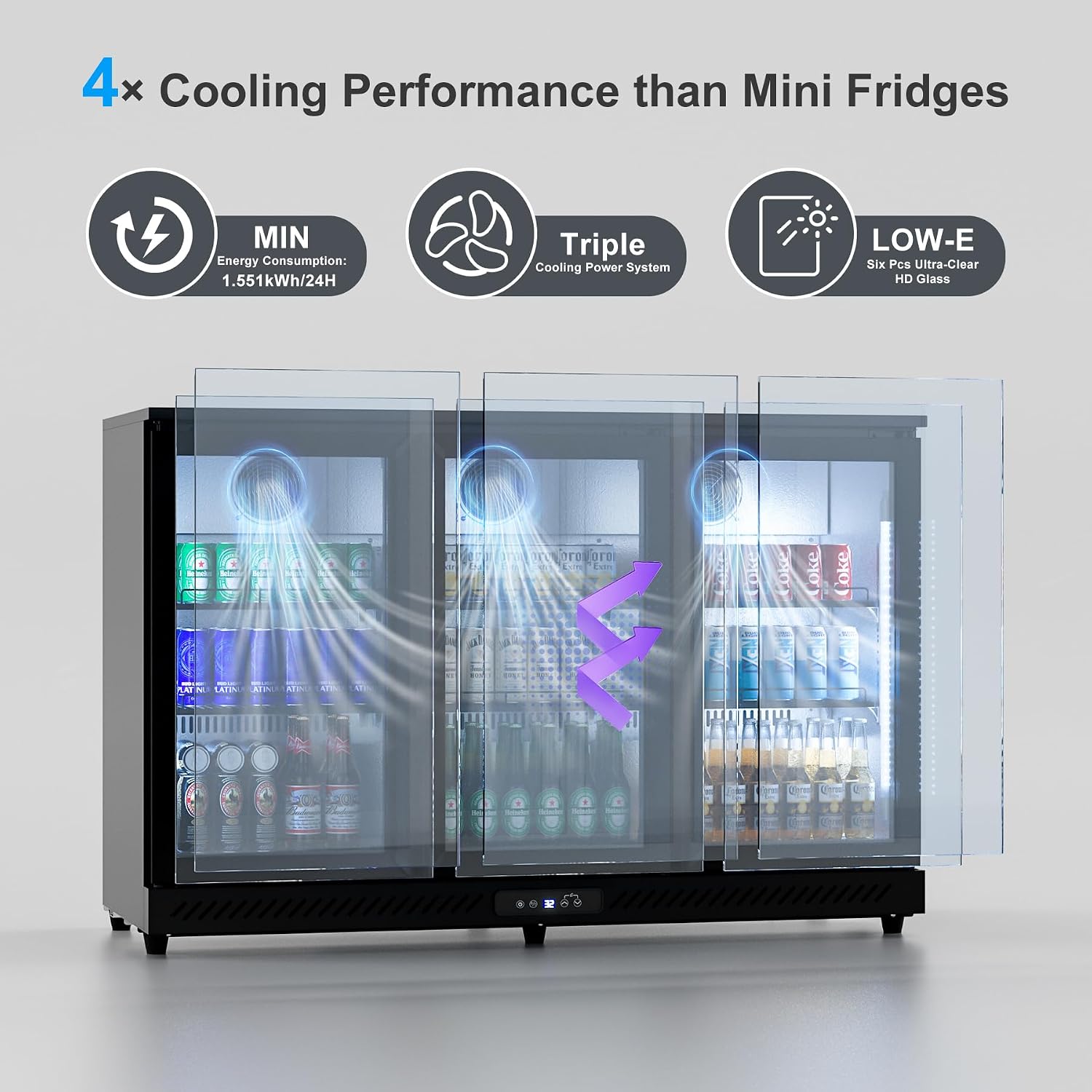 COTLIN Wine and Beverage Refrigerator, Back Bar Cooler with Low-E Glass and Auto Defrost, 3 Door Commercial Under Counter Fridge for Beer, Wine, Soda, Triple Fan Cooling, ETL and NSF, 11.45 Cu.Ft