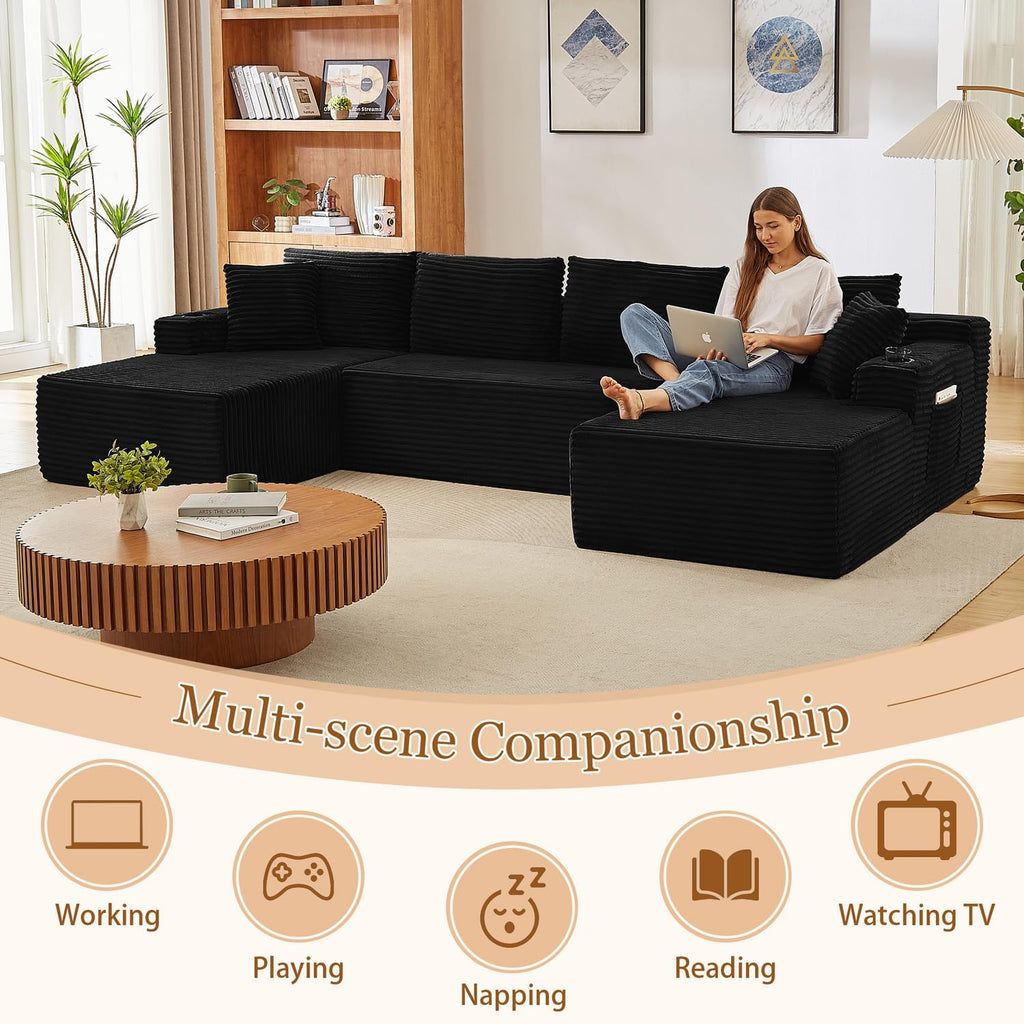 125' Modular Sectional Sleeper Sofa, Boneless Cloud Couch for Living Room, U Shaped 5 Seat Sofa with 2 Storage Pockets& 2 Cup Holders, Free Combination, No Assembly Required (Black, 125')