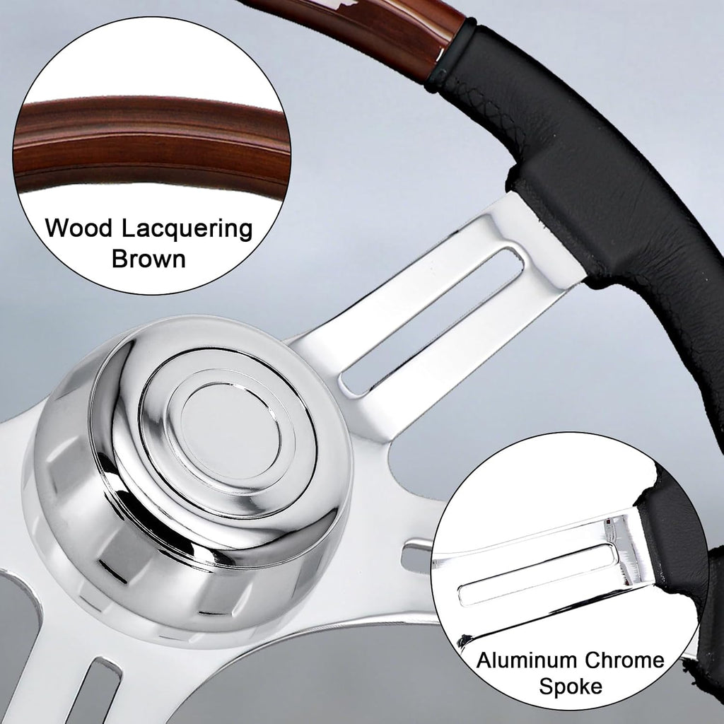 Sorghum 18' Solid Wood Steering Wheel - 4 Spokes Aluminum Chrome Leather Cover Steering Wheel with Horn Button for Semi-Trailers Trucks Compatible with Mack Kenworth Peterbilt Volvo Freightliner