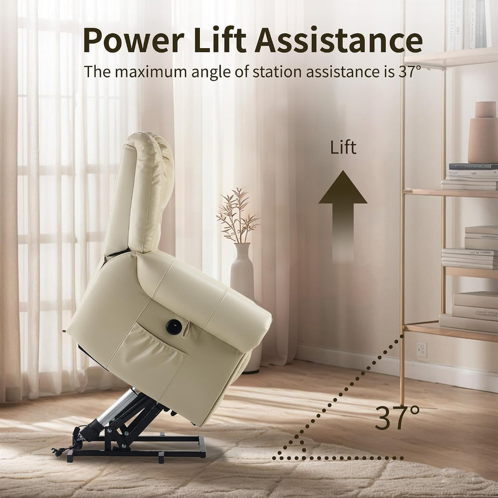 FLEXISPOT Power Lift Recliner Chair for Elderly with Heat & Massage, Faux Leather Electric Reclining Chair for Seniors with USB Ports, Cup Holders & Side Pockets, Cream