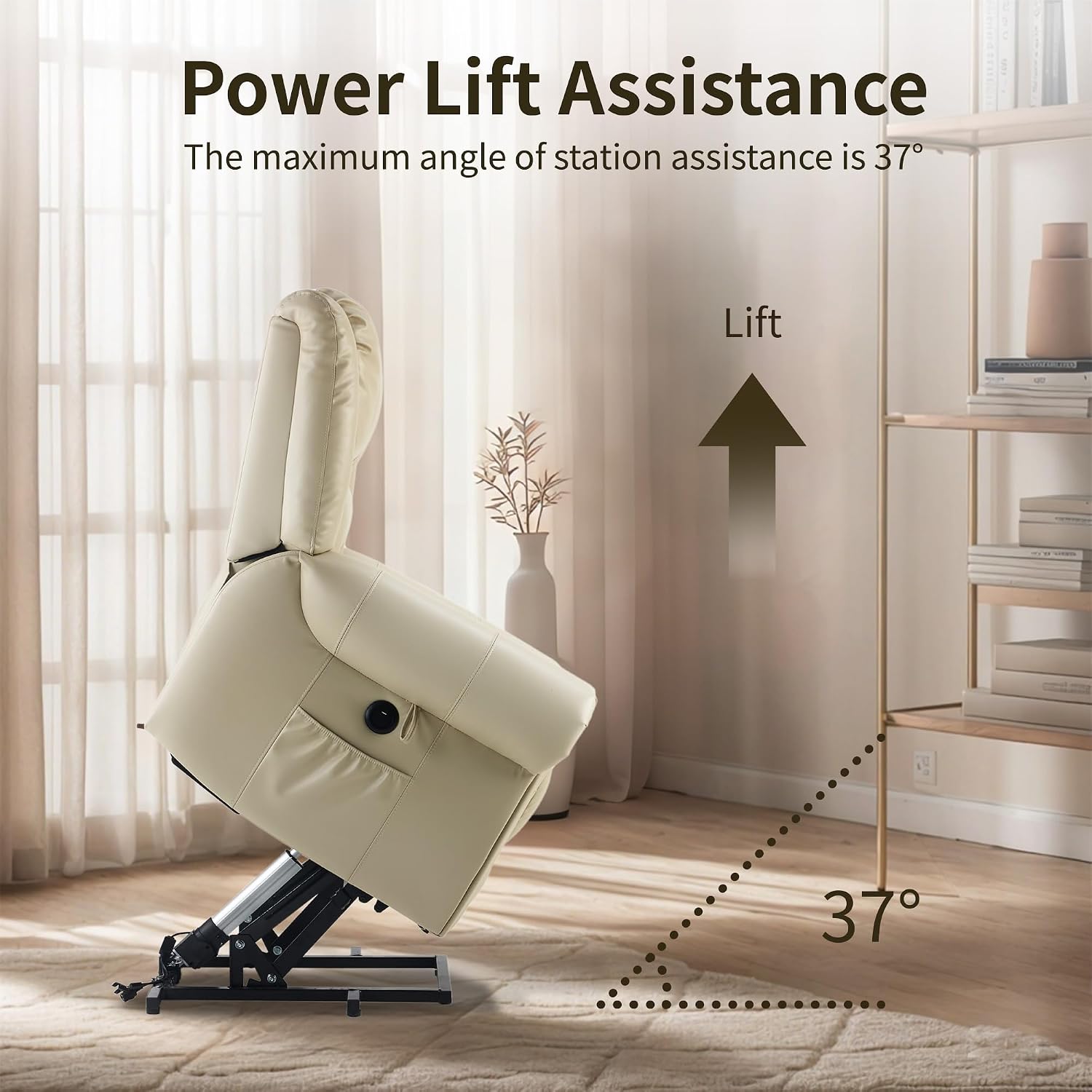 FLEXISPOT Power Lift Recliner Chair for Elderly with Heat & Massage, Faux Leather Electric Reclining Chair for Seniors with USB Ports, Cup Holders & Side Pockets, Cream